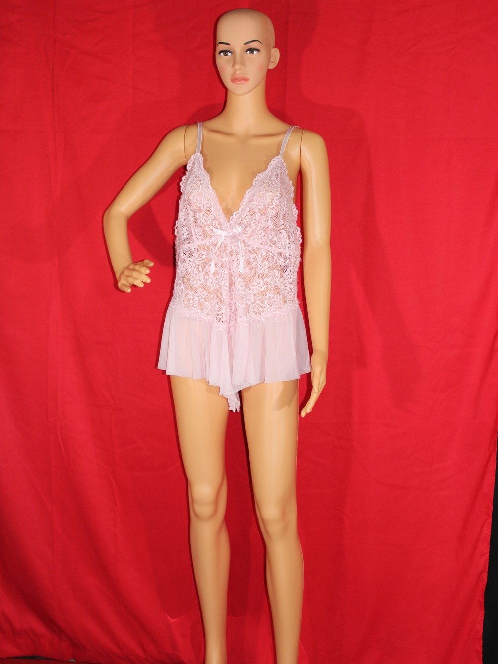 Sheer Lace and Mesh Babydoll Chemise - Light Pink